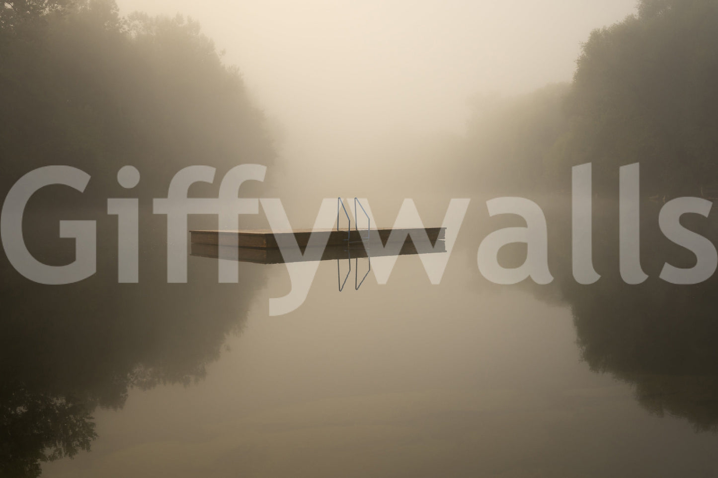 Misty Lake Retreat wallpaper mural shown as a full-wall view of a wooden dock on a foggy sepia lake