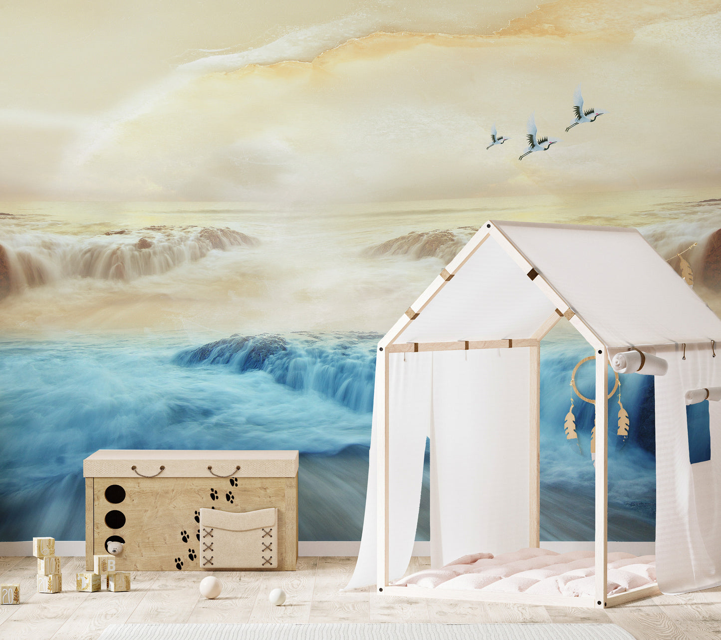 Artistic peel-and-stick mural featuring cranes and misty landscapes.