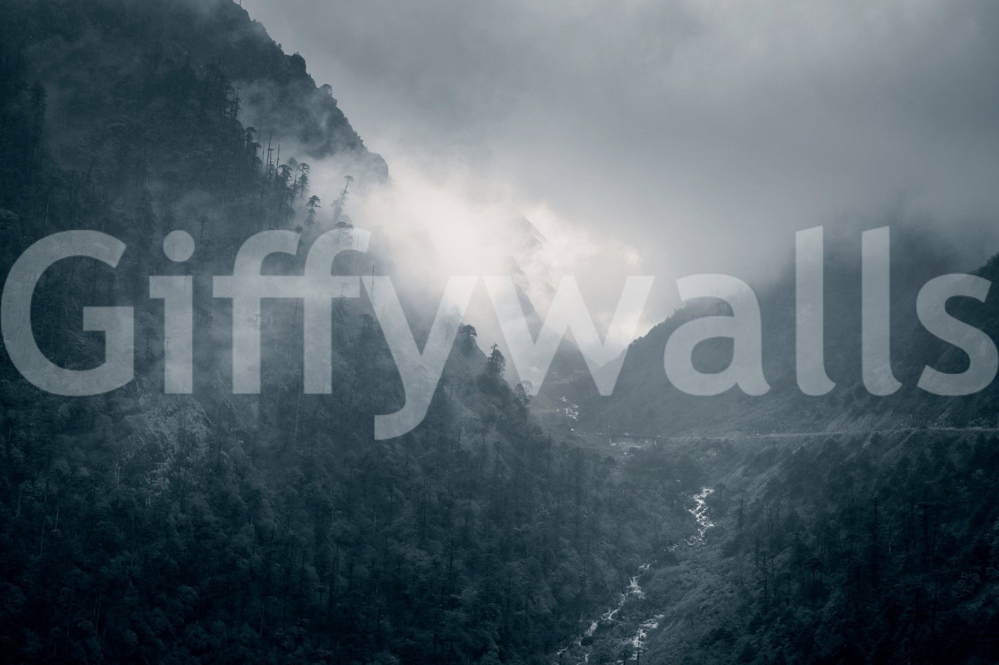 Secluded valley mural, ancient trees, Misty Woodland Cascade, inspiring design.