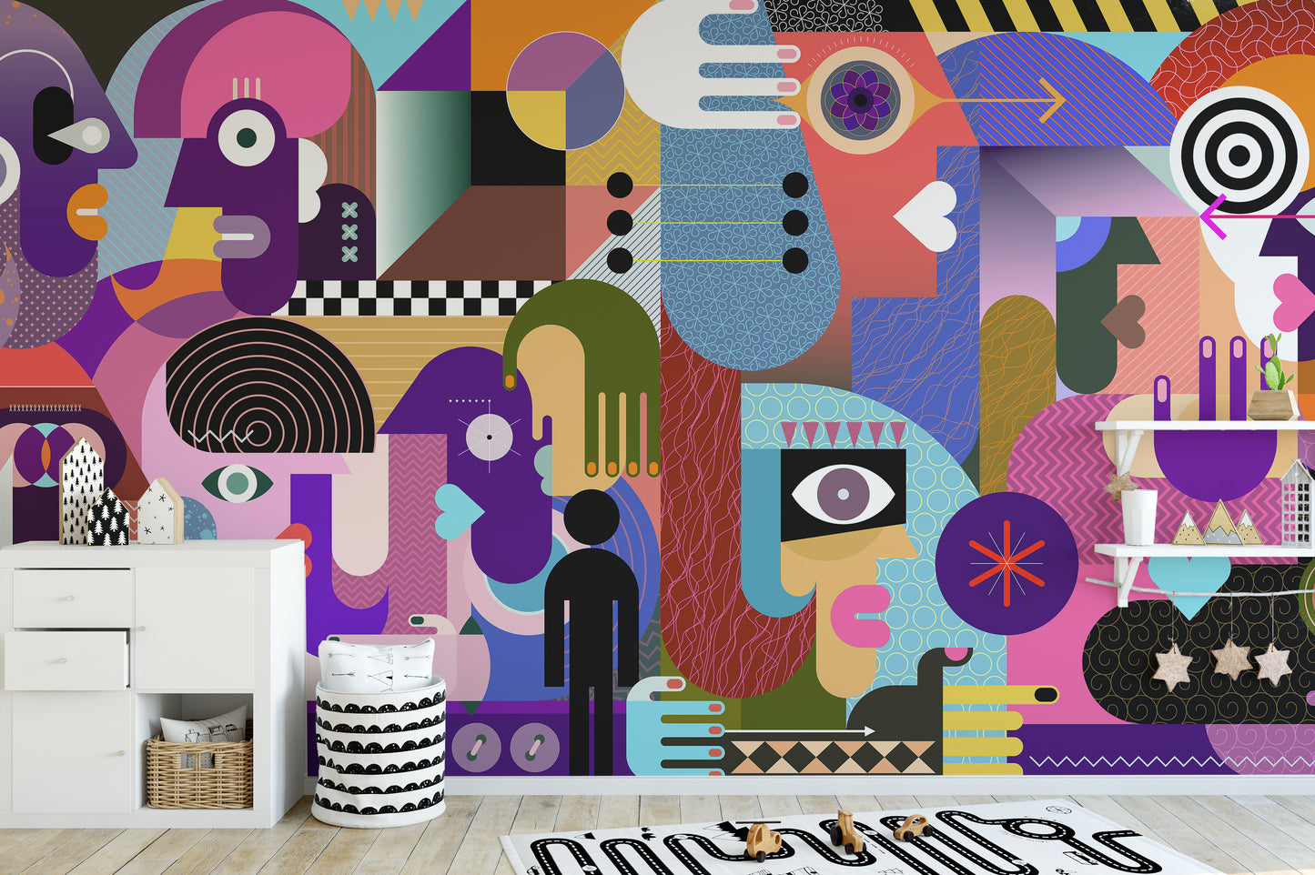 Modern Abstract People Collage wallpaper mural of bold geometric figures above a white dresser in a child's room