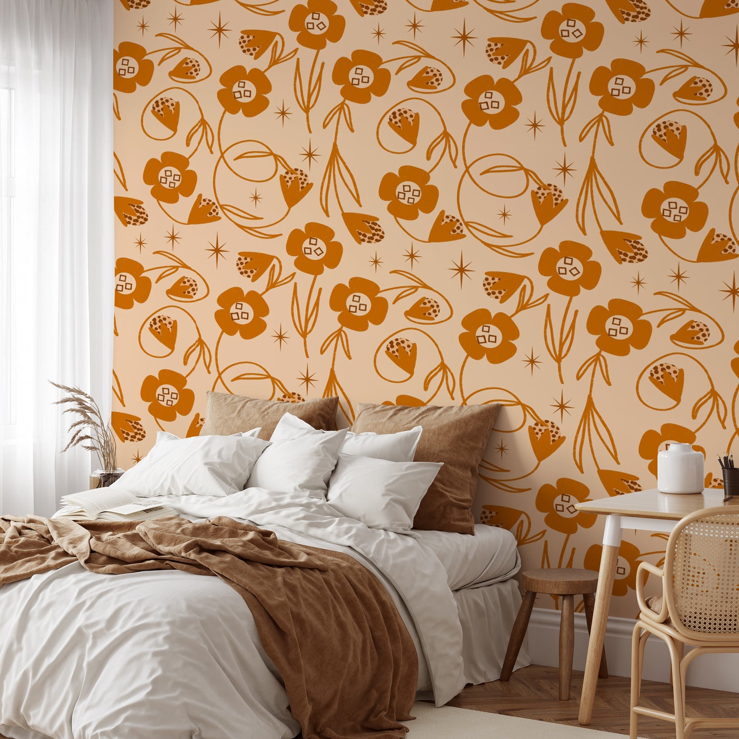 Vine-inspired orange and peach wallpaper