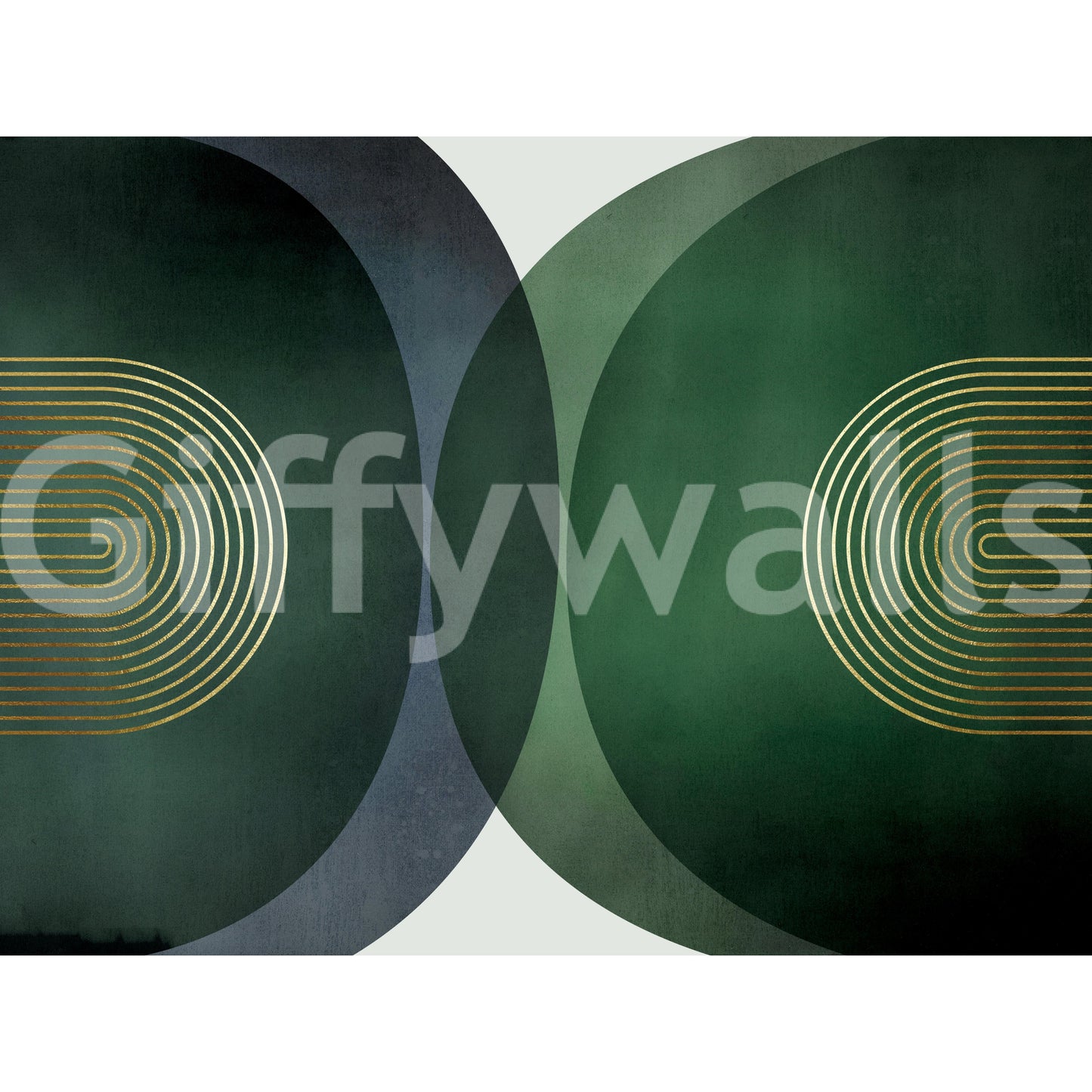 Modern Mid Century wallpaper mural shown as a full-wall swatch of deep green and navy circles with concentric gold arch lines