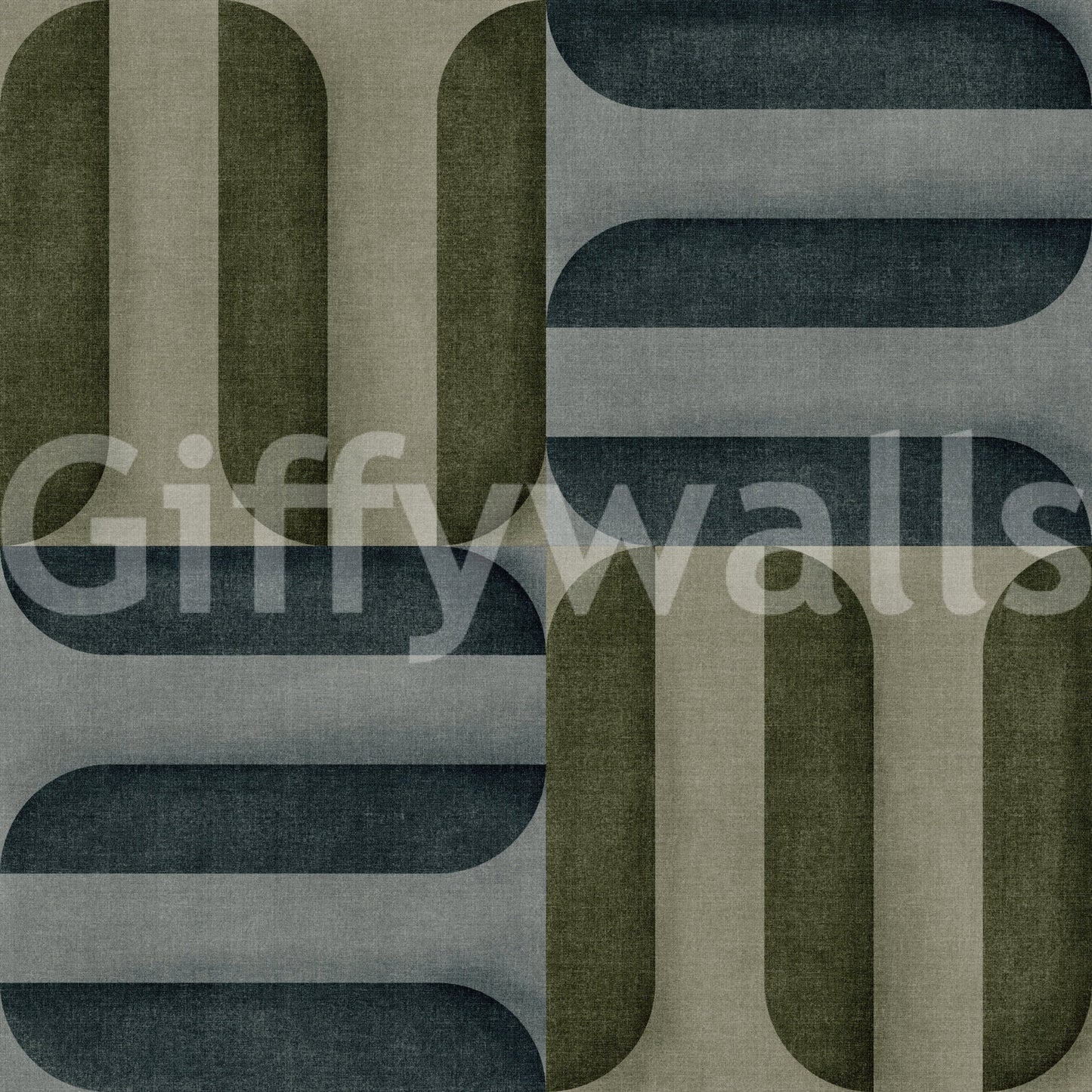 Modern Textured Signs Winter wallpaper close-up showing the olive, slate and charcoal interlocking shapes with woven fabric texture