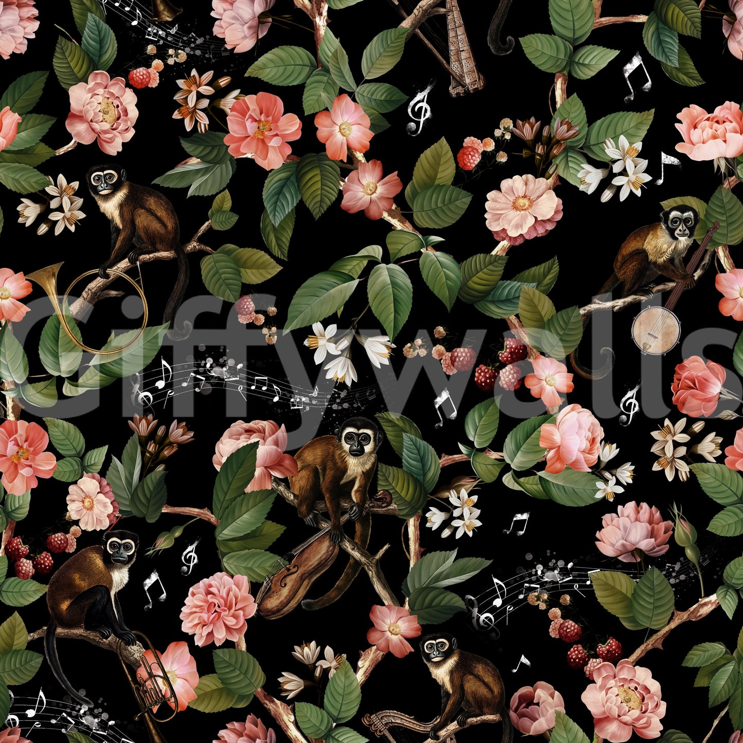 Fun and energetic mural with monkeys, flowers, and harmonious music.