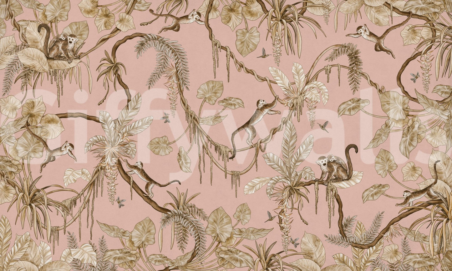 Monkey Grove Blush wallpaper mural shown as a full-wall blush-pink scene of soft taupe monkeys, palms and vines