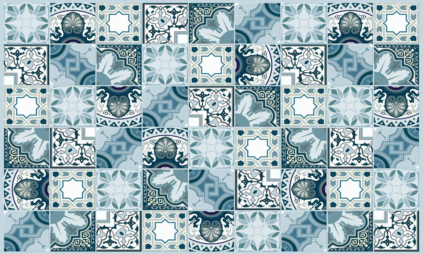 Mosaic Tile Wallpaper Blue Marine behind a modern vanity with brass fixtures.