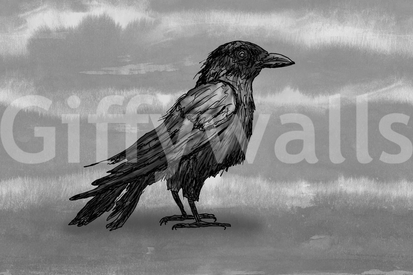 Mr Crow wall mural shown as a full-wall mural, a sketched black raven on a grey watercolor sky