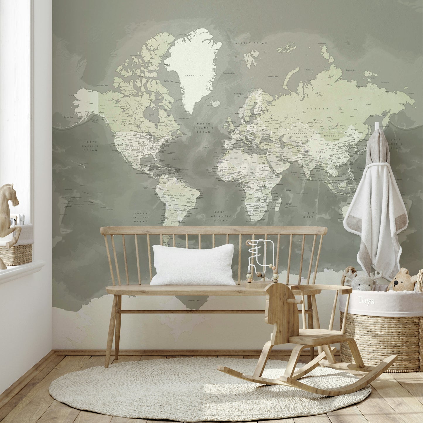 Neutral Green Watercolor World Map Wallpaper