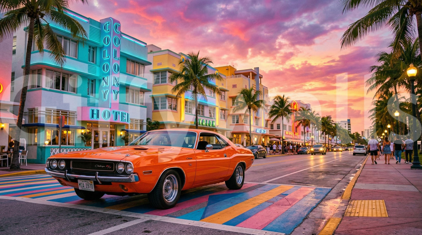Vintage car street ride wall mural with colorful city lights