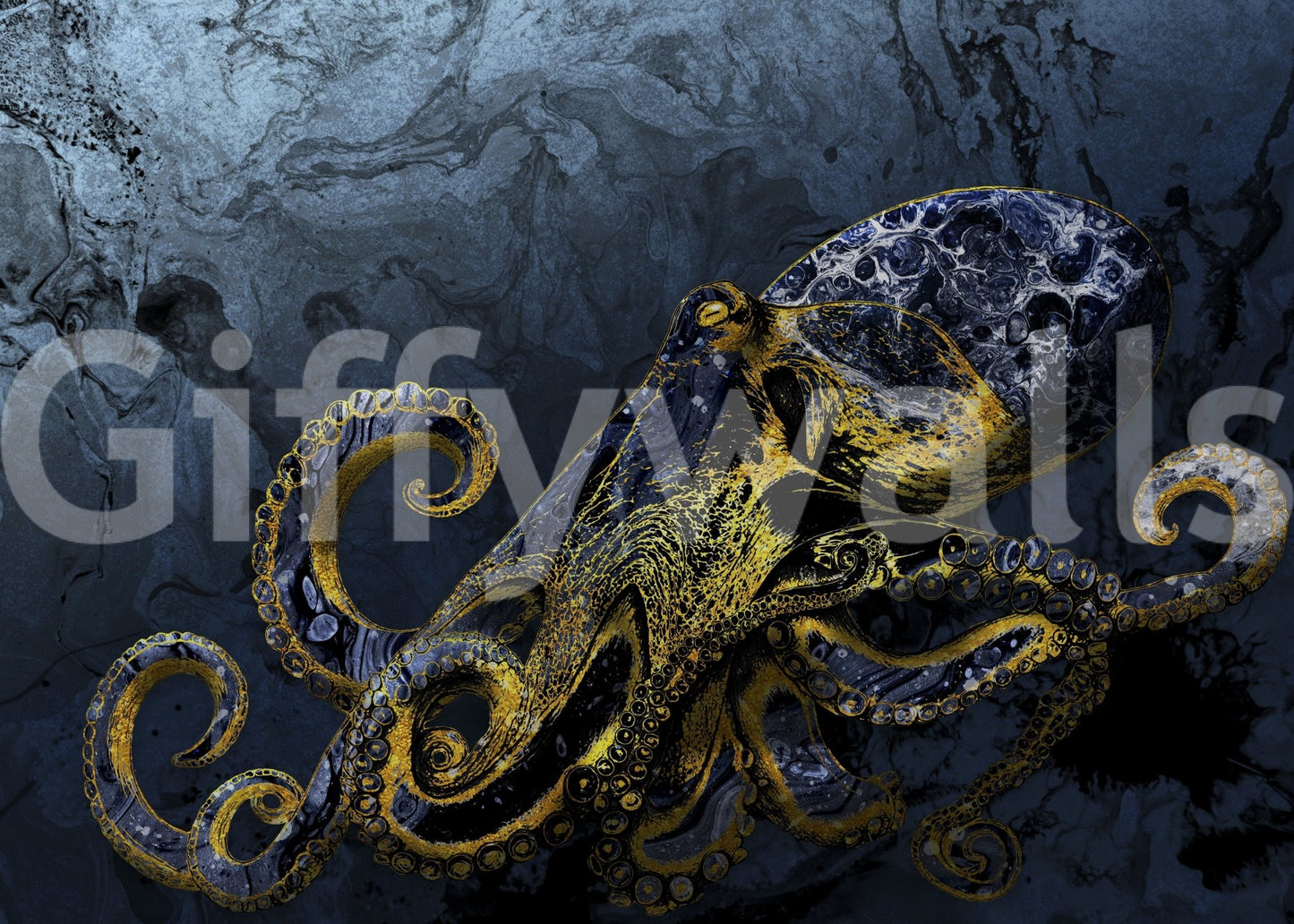 Artistic liquid marble Octopus Majesty wall mural home decor.