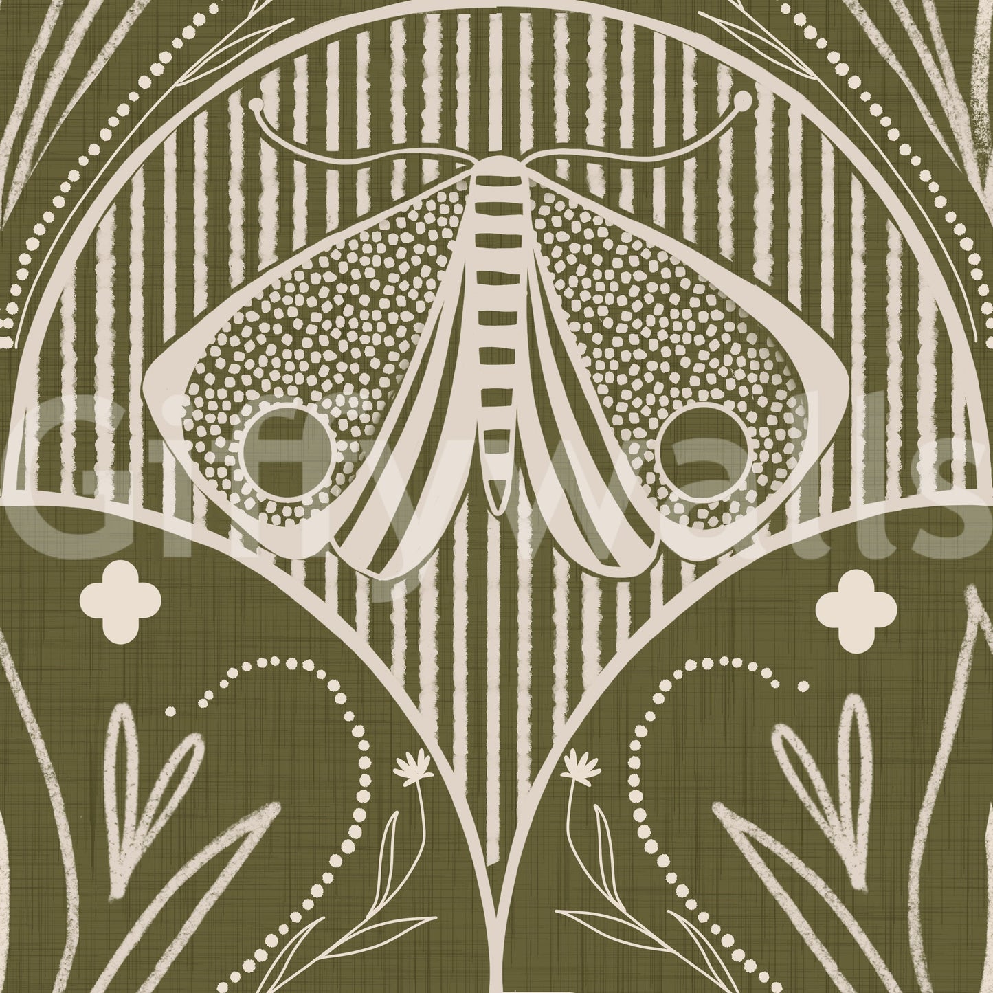Boho Art Nouveau Scallop Butterfly Floral in Olive Drab Wallpaper
