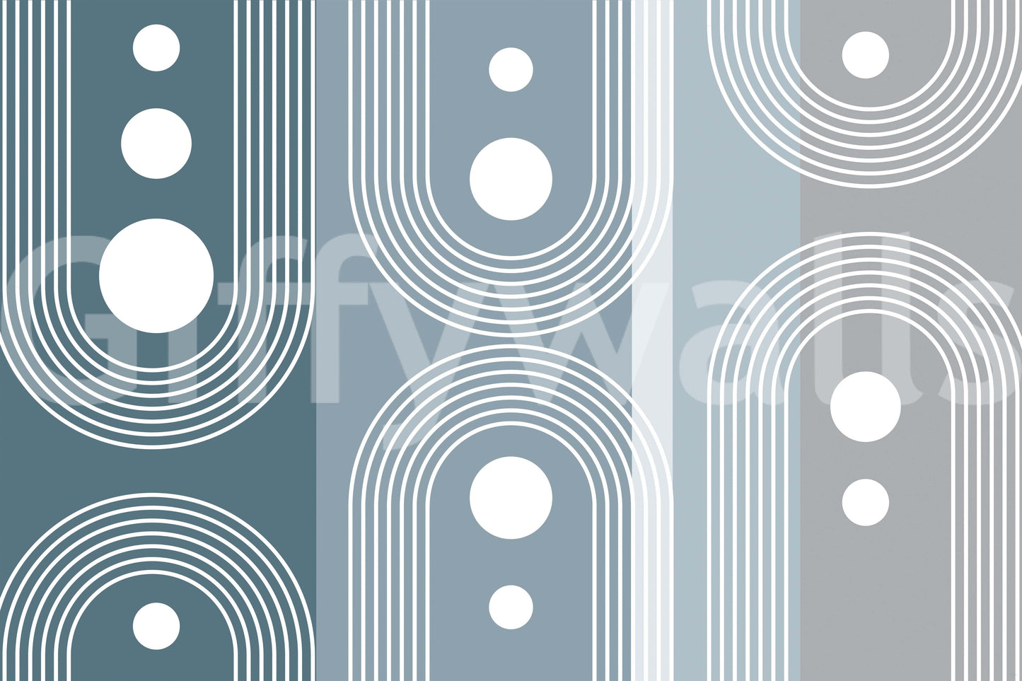 Orbital Arches wallpaper mural close-up showing white concentric arches and dots on teal and grey panels