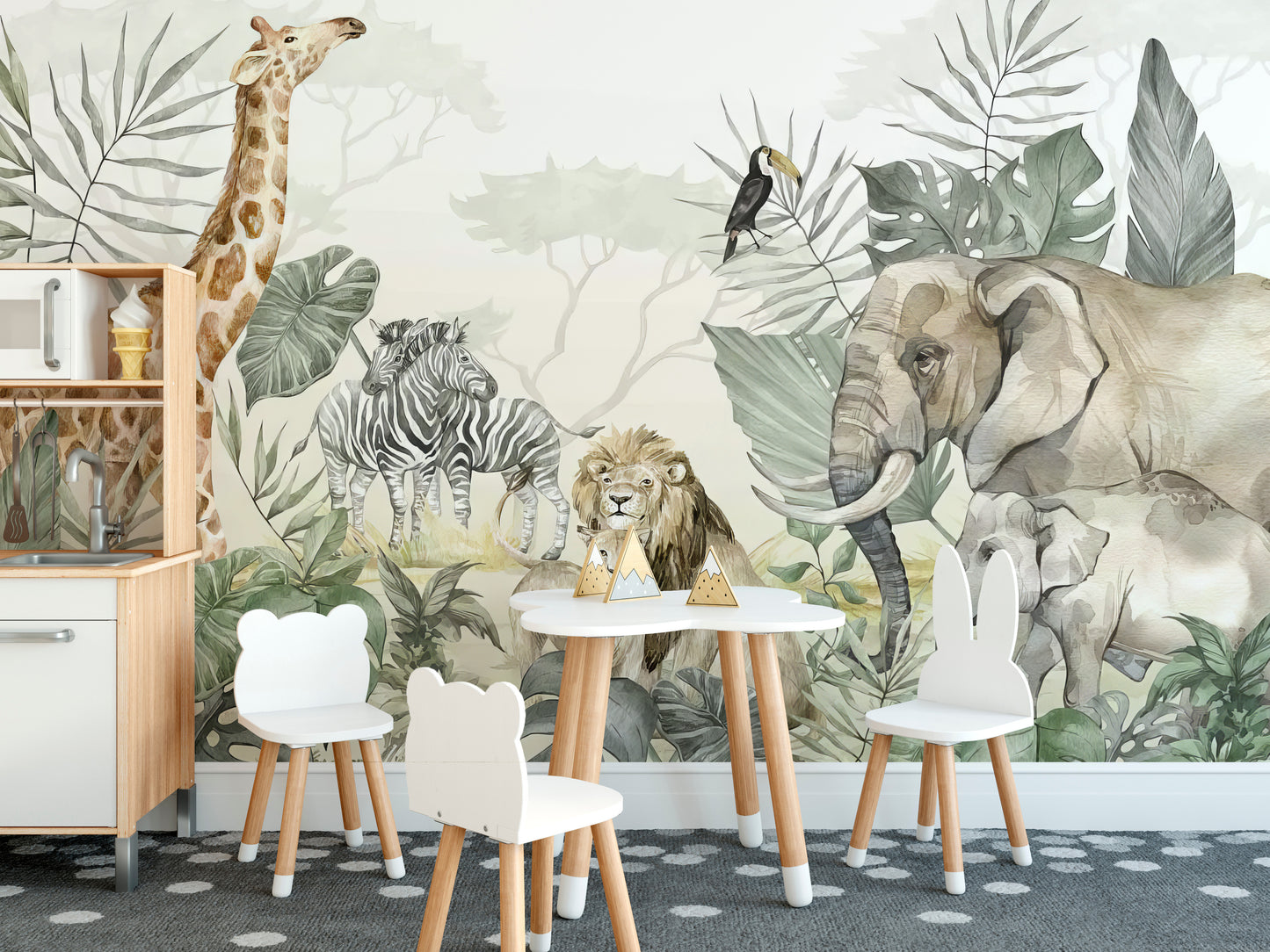 Jungle-inspired mural featuring safari animals and tropical plants.