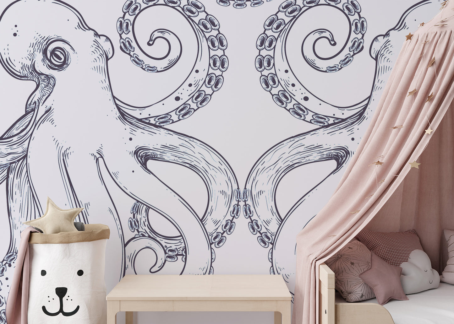 Removable self adhesive Giant Octopus Wall Mural in a nursery room featuring a soft pink canopy.