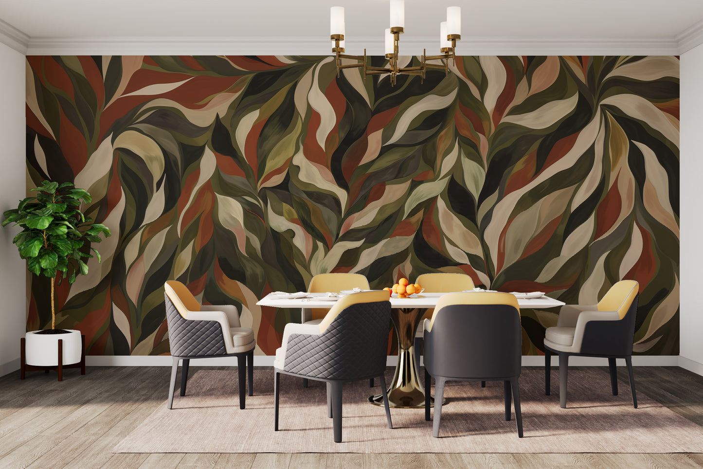 Minimalist abstract leaves in a fluid composition