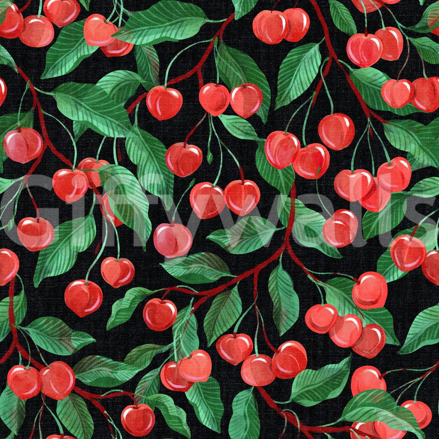 Painterly Cherries Black Wallpaper