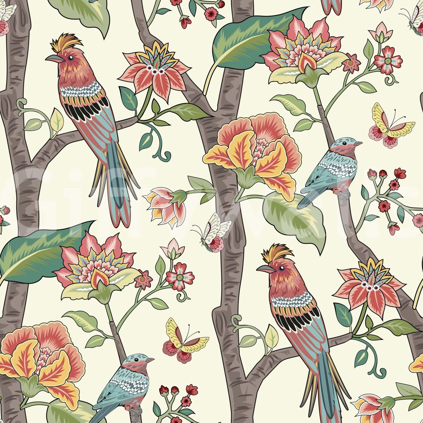 Detailed nature wallpaper featuring colorful birds sitting on branches with vivid floral accents.