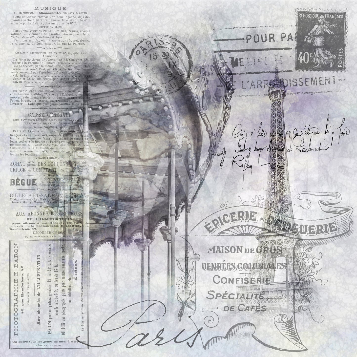Whimsical Paris mural featuring Eiffel Tower view
