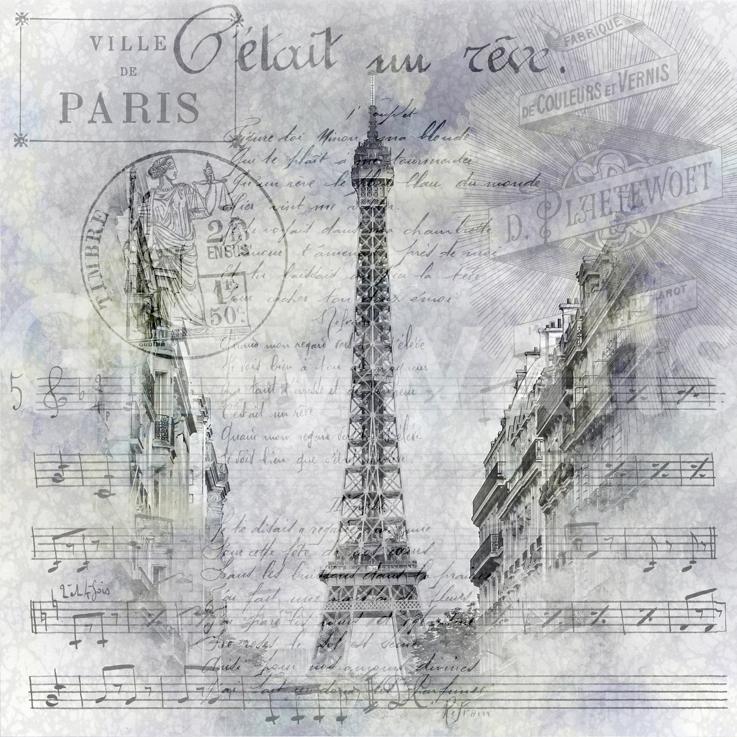 Elegant wall mural with Eiffel Tower and historic motifs