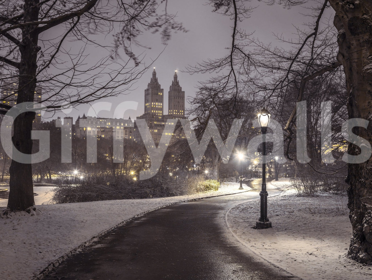 Twin towers buildings background Park Path at Night wallpaper decor