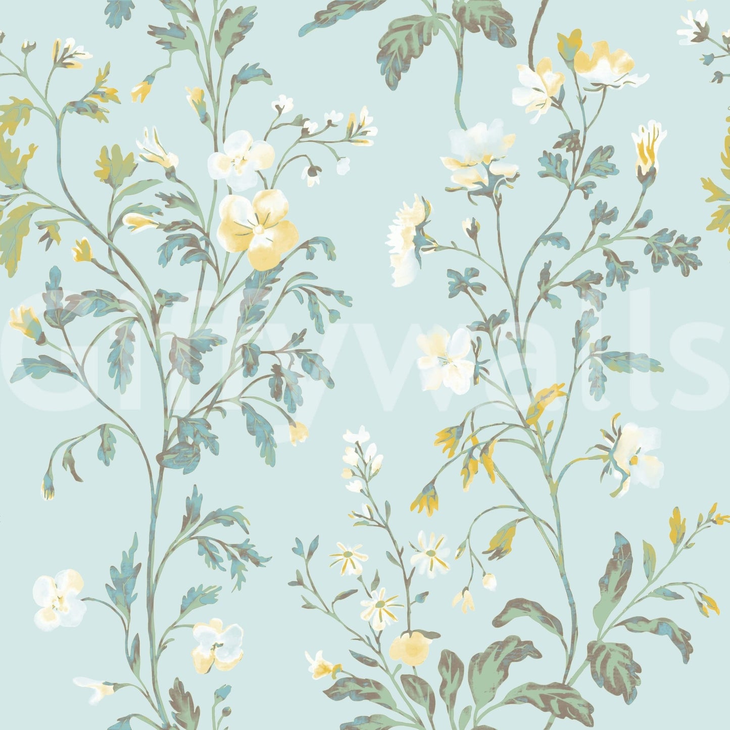 Pastel Botanical Wall Mural – Delicate leaves and flowers in light pastel shades bringing a dreamy, nature-inspired atmosphere.