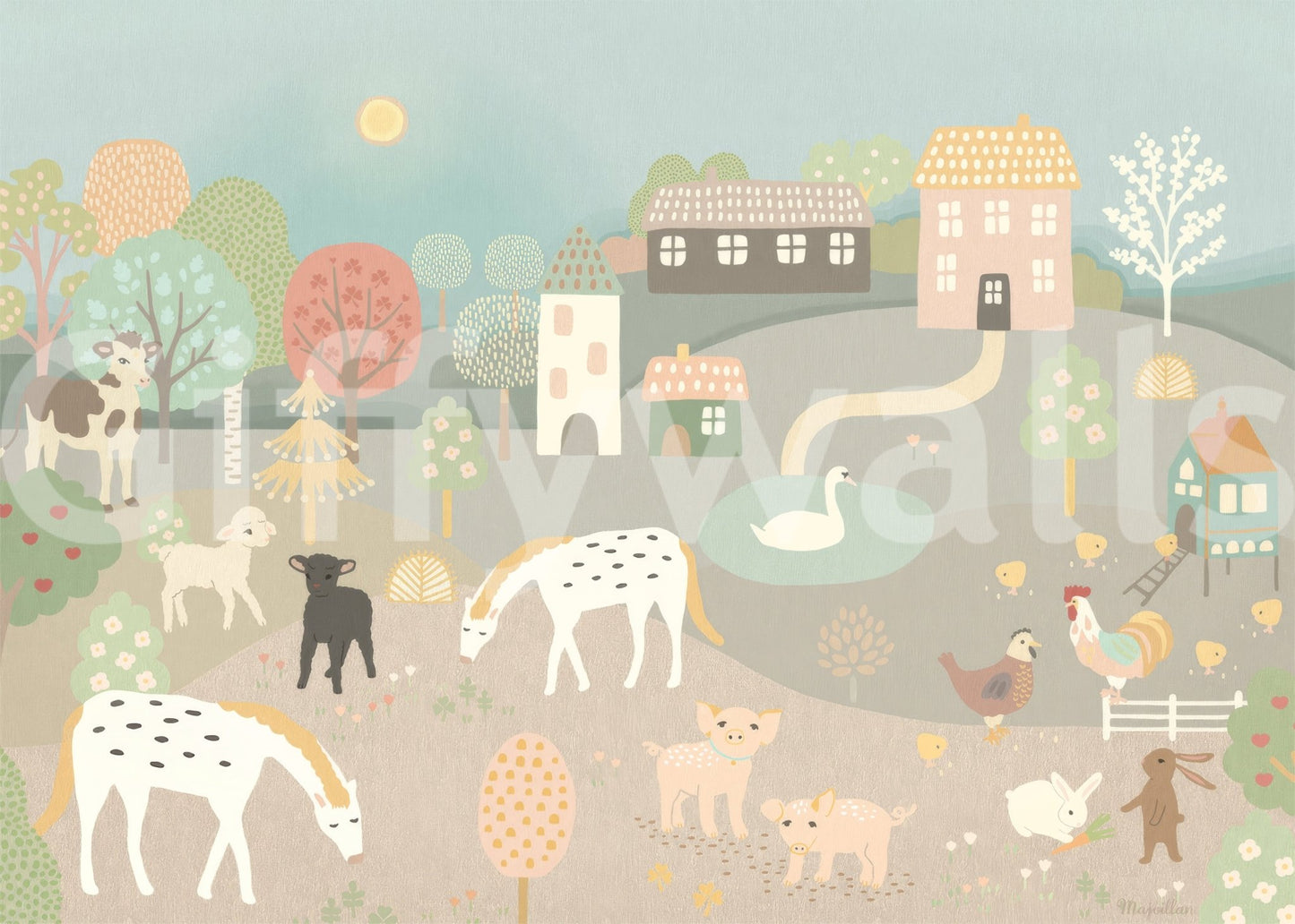 Detailed farm story illustration Pastel Farm Story Wall Mural