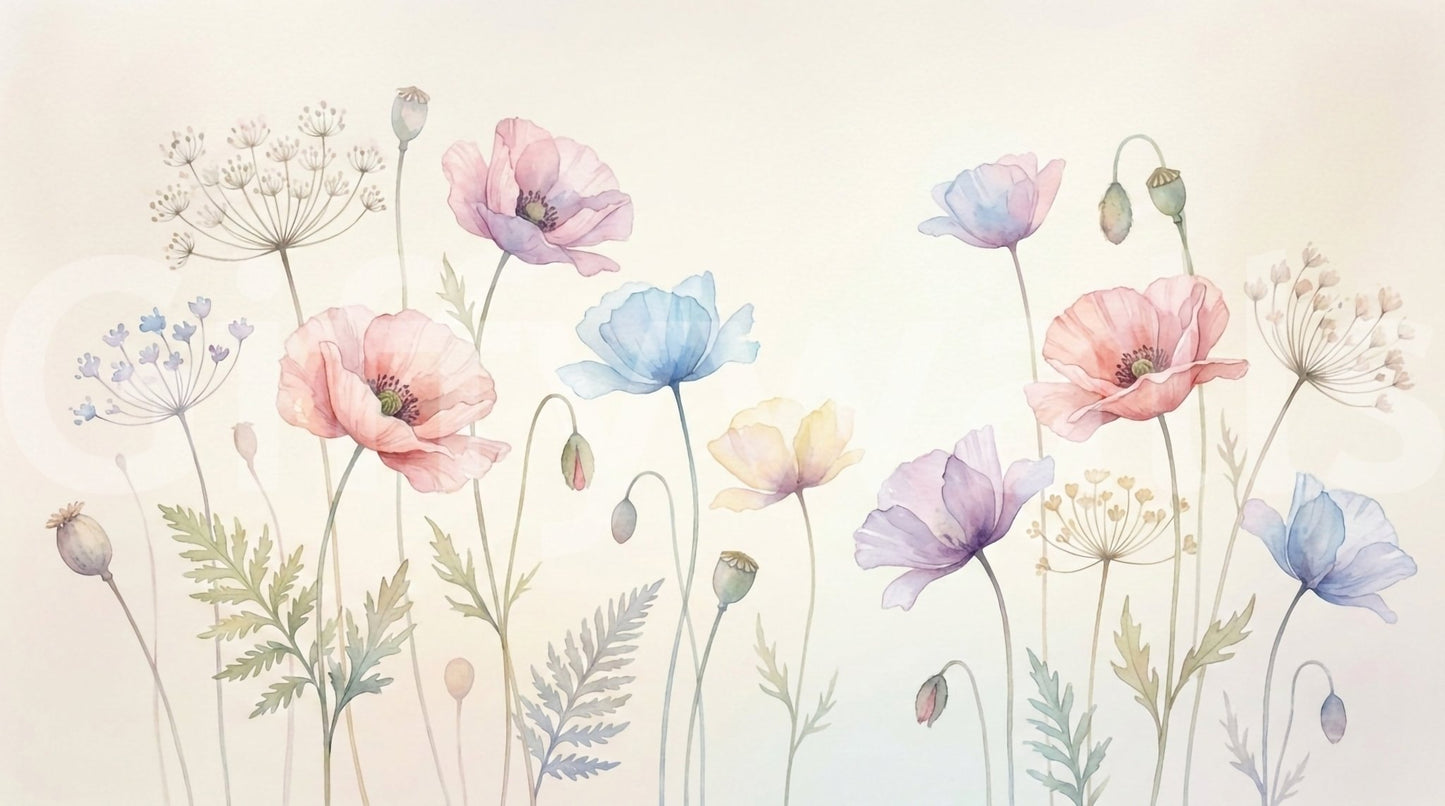 Pastel Poppy Field wallpaper mural close-up showing watercolor poppies in pink, blue and purple with delicate seed heads