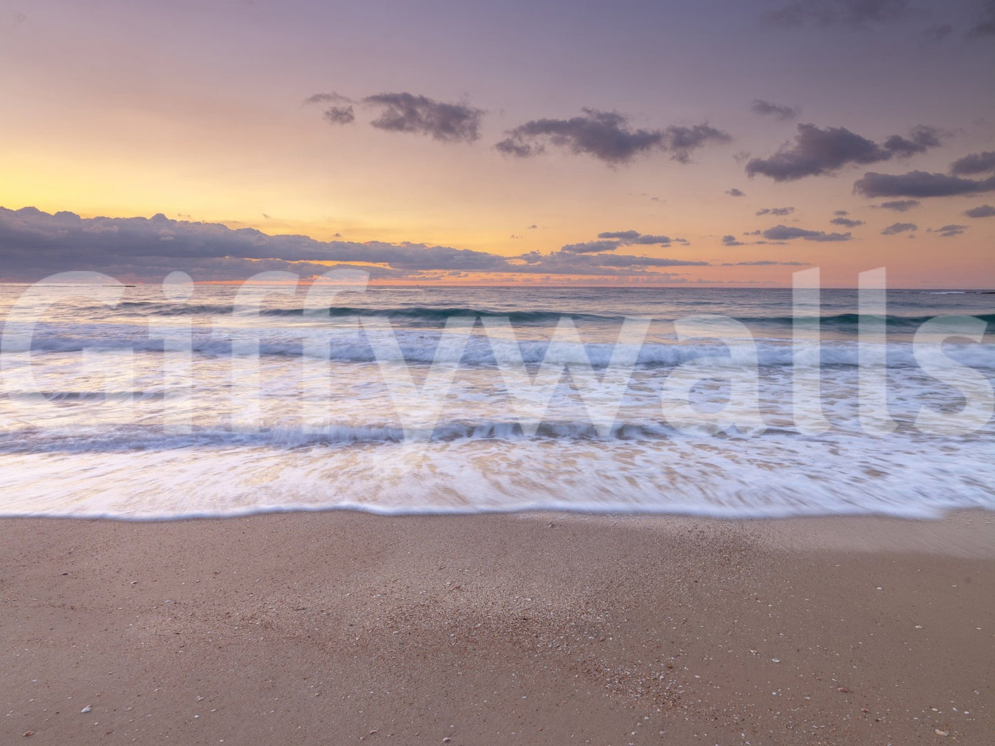 Peace at the Beach wallpaper mural shown as a full-wall render of golden sunset waves rolling onto sandy shore