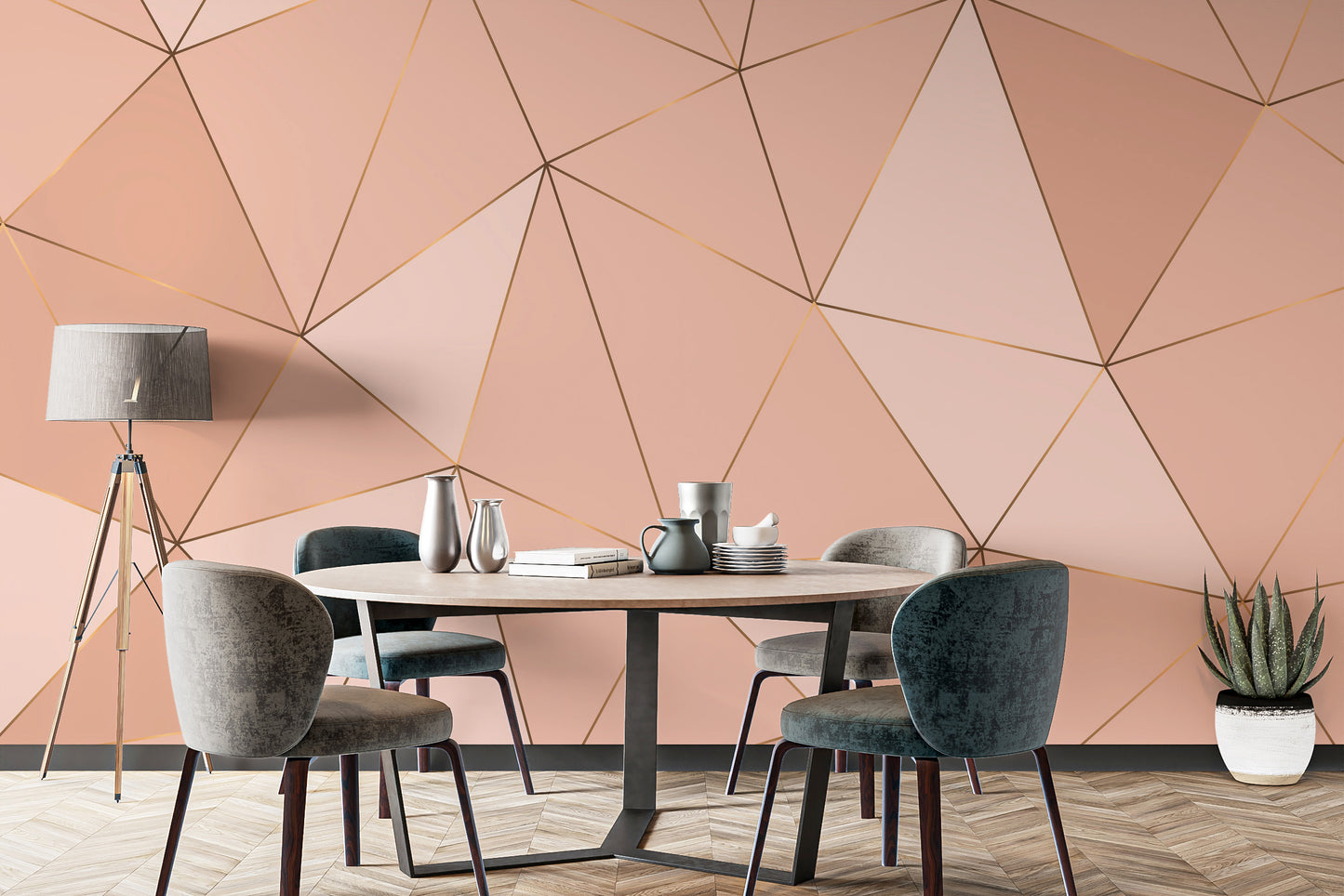 Artistic peach wallpaper with geometric harmony mural elements.