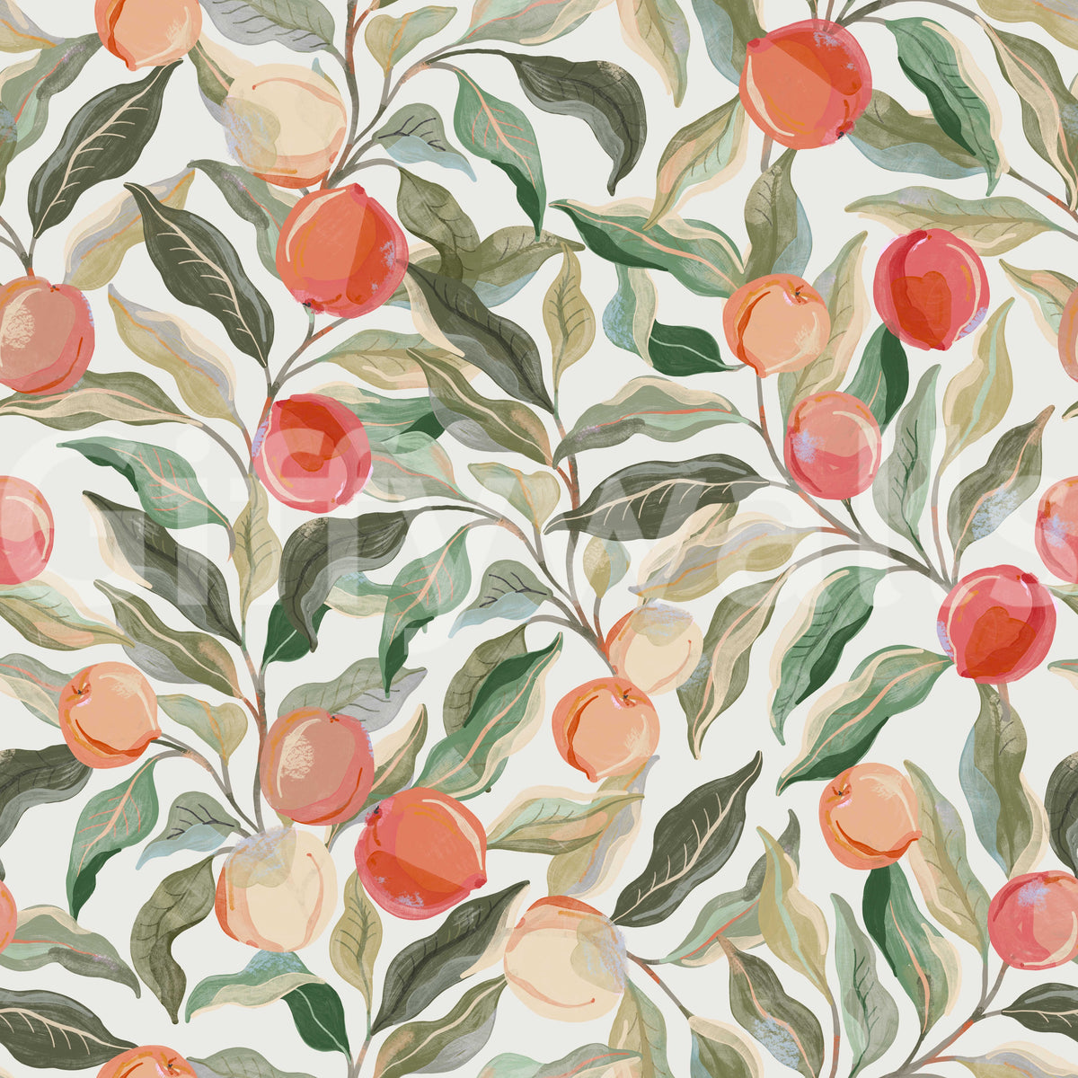 Peaches Painterly Cherries wallpaper close-up showing the pattern detail of peaches, red cherries and green leaves on a cream background