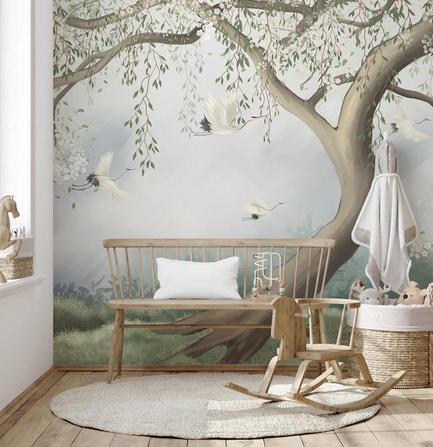 Serene foggy forest peelable wallpaper design