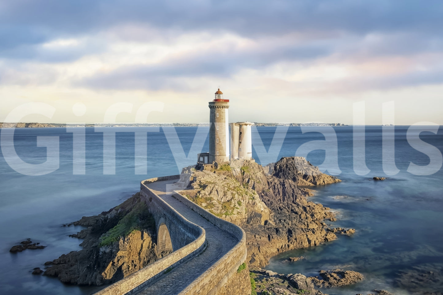 Lighthouse wallpaper mural in sunroom, airy blue tones and sea horizon