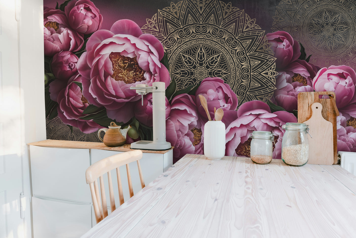 Intricate mandala and pink flower design wallpaper