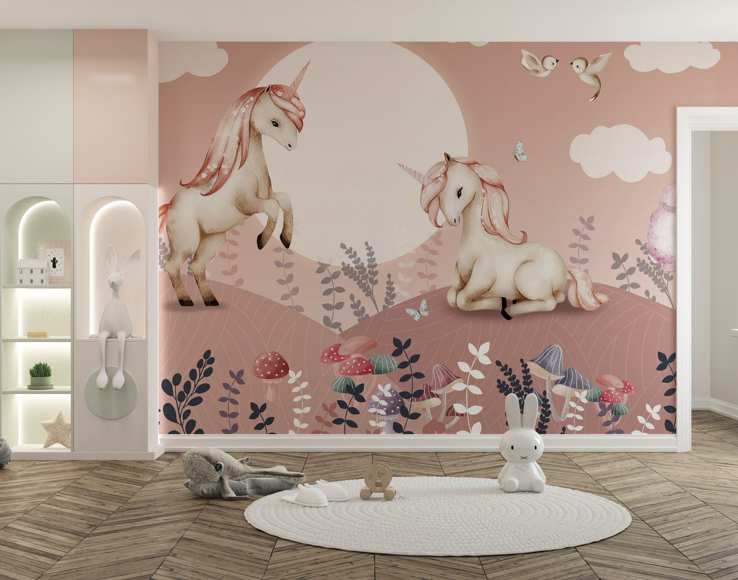 Pink Pegasus-themed mural adds charm to kids' interiors