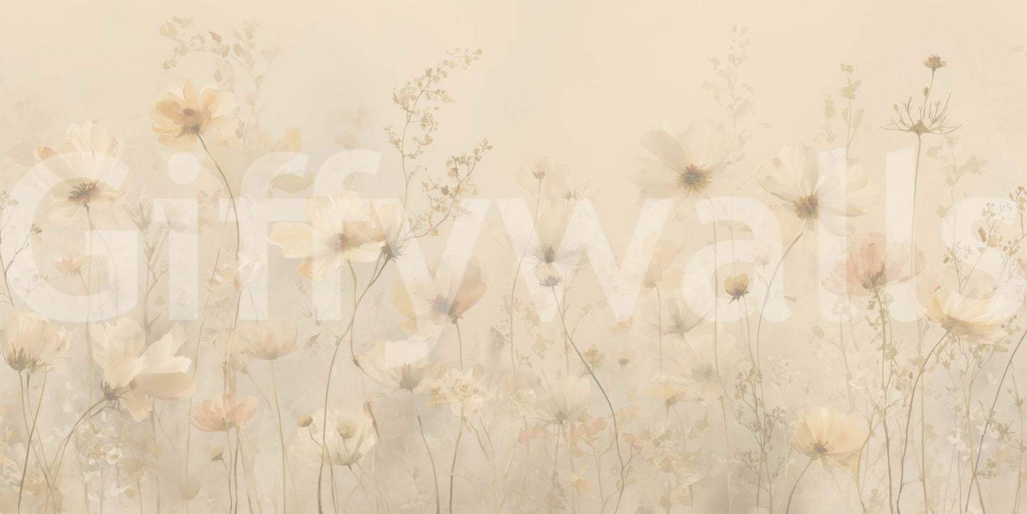 Poetic Soft Floral Honey wallpaper mural close-up showing warm cream cosmos and wildflowers on a honey beige background