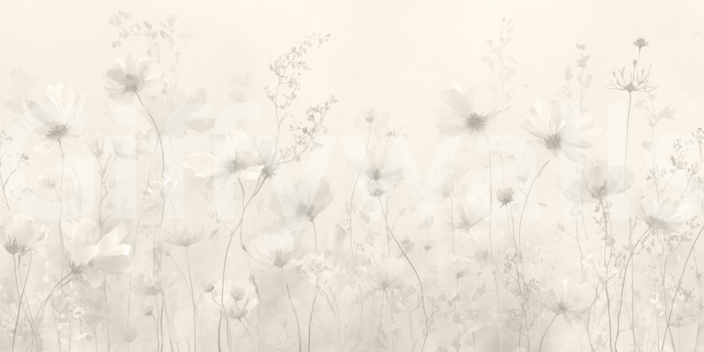 Poetic Soft Floral Linen wallpaper mural close-up showing pale cosmos and wildflowers on a soft greige linen background