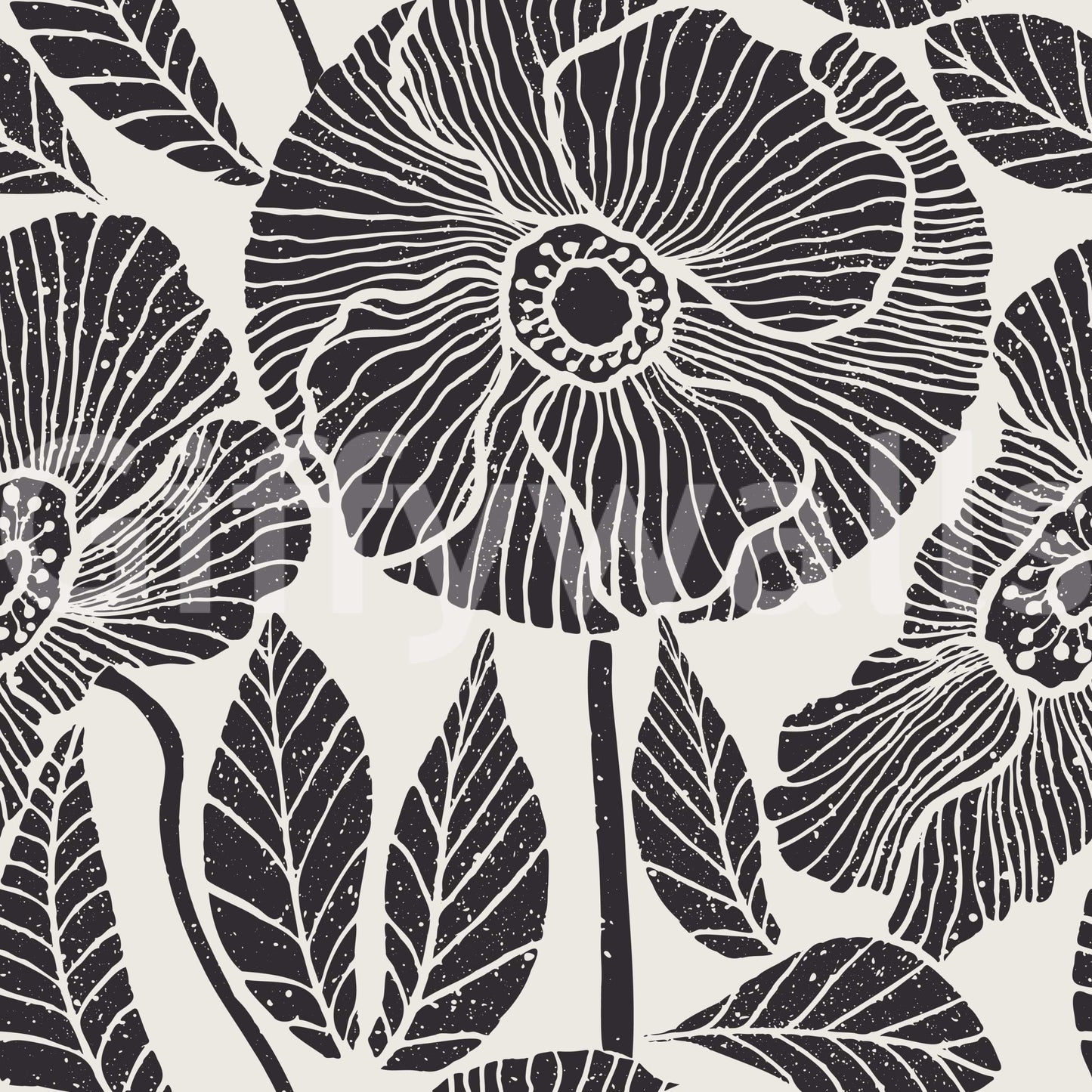 Scandinavian black-white Poppy Meadow wallpaper print, subtle grain texture.