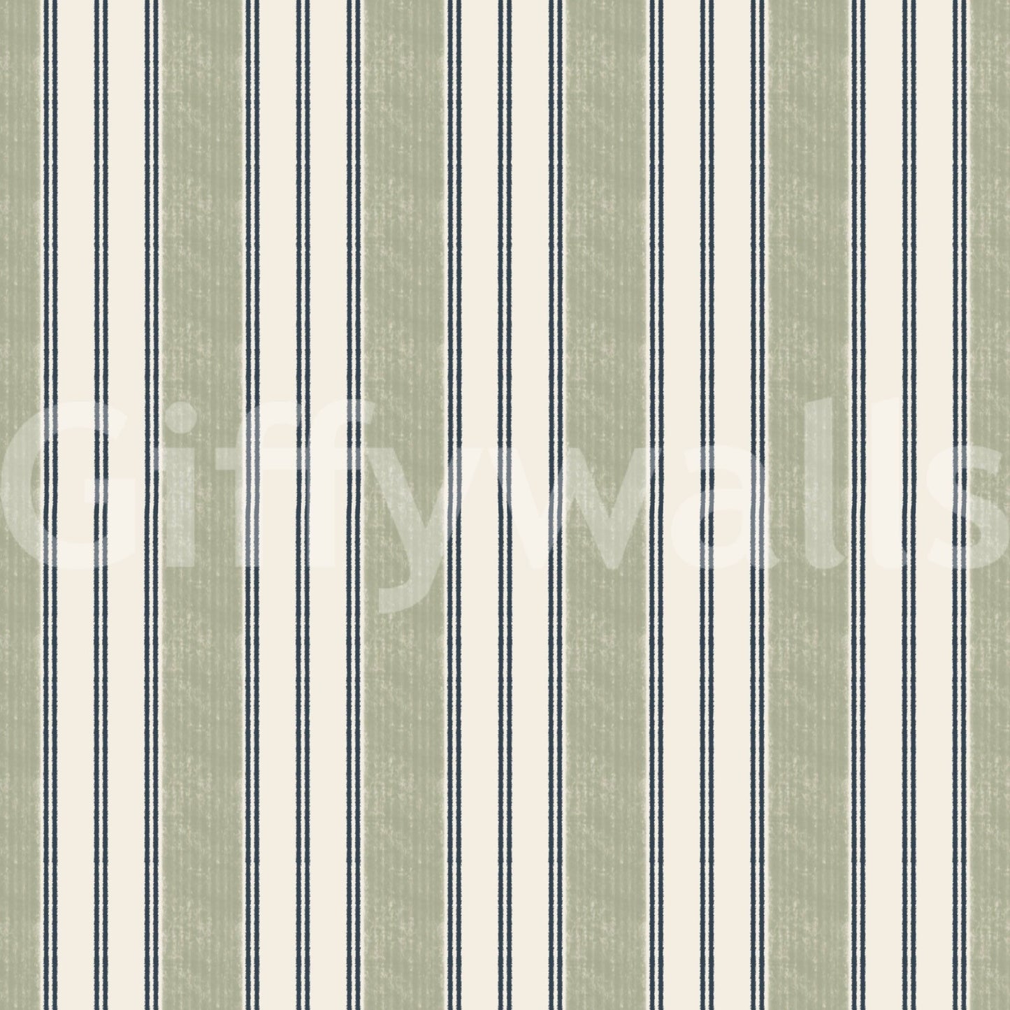 Preppy Grandmillenial ticking stripes-Green wallpaper close-up showing sage and navy stripe detail