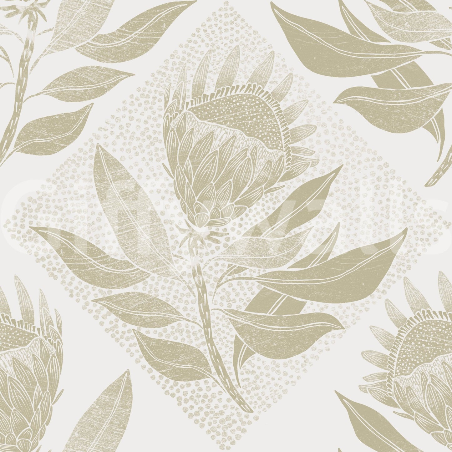 Muted sage protea wallpaper for peaceful, elegant spaces