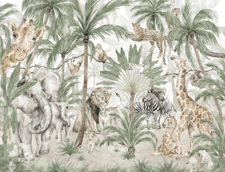 Jungle safari kids wall mural with a lion and giraffe