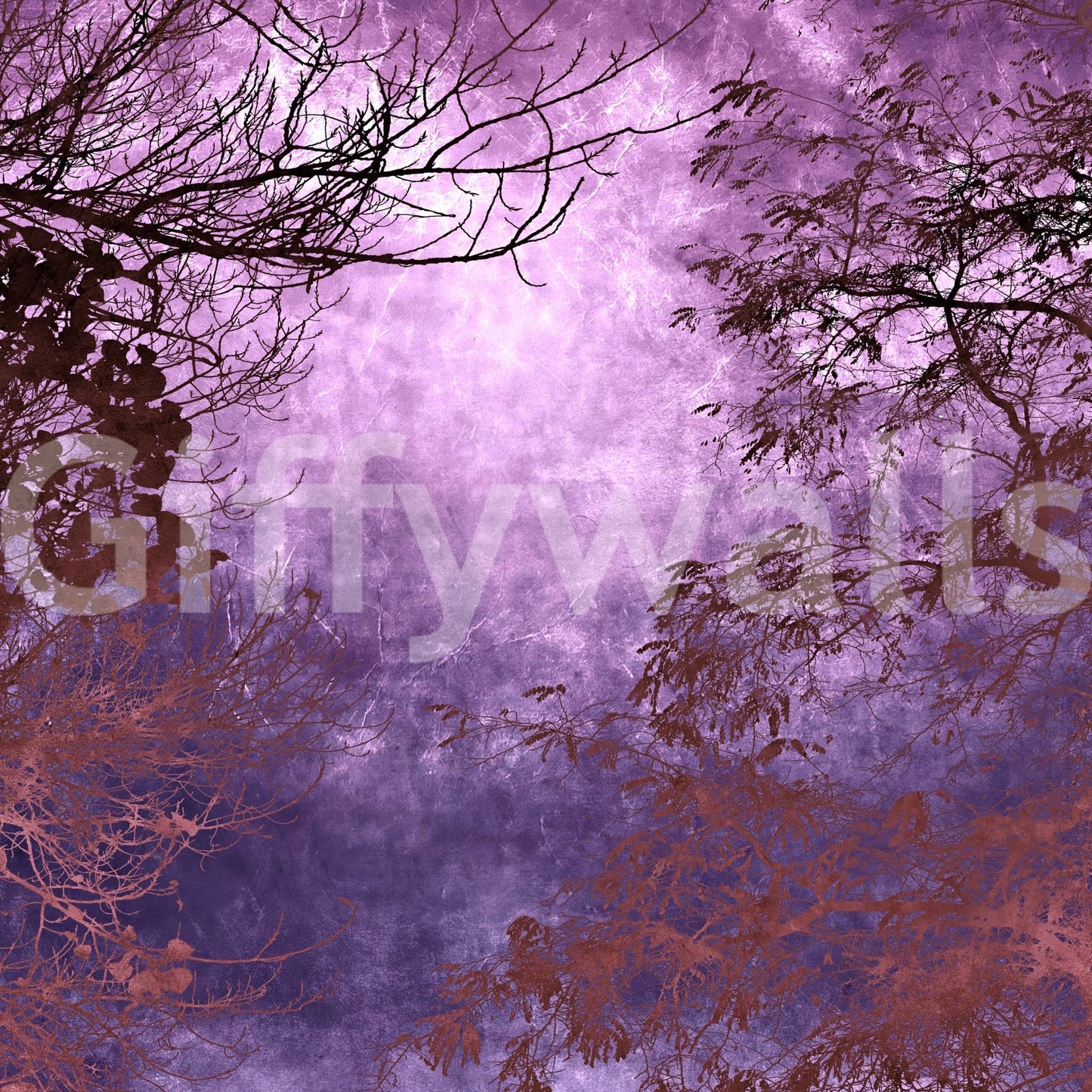 Atmospheric purple forest wall mural with moody tones