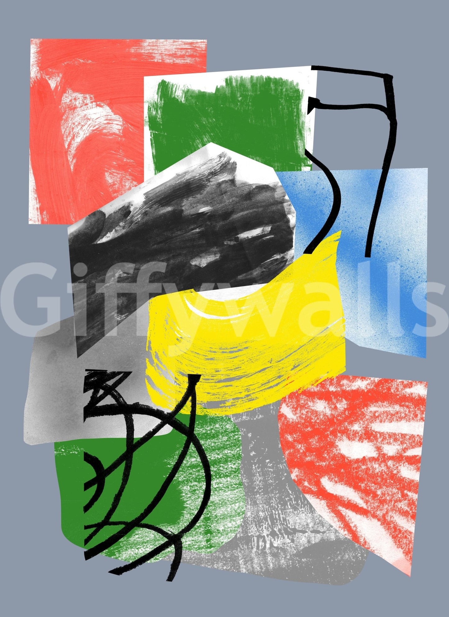 A dynamic wallpaper featuring mixed media–style brush patterns in strong primary color contrasts.