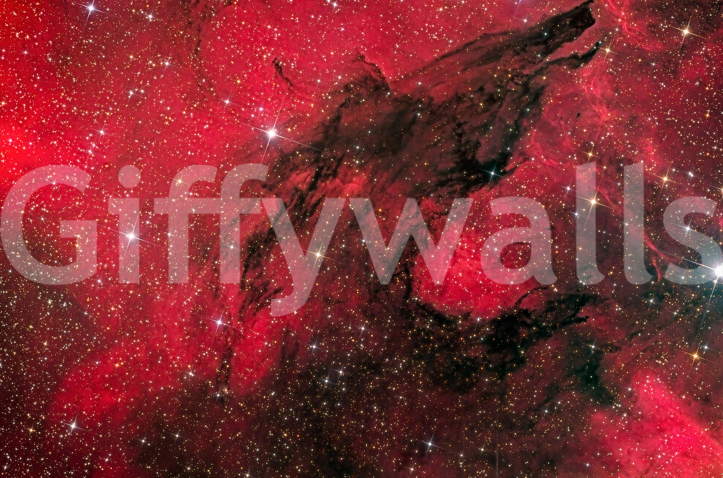 Cosmic Ember wallpaper mural close-up showing red nebula clouds, dark dust lanes and scattered bright stars