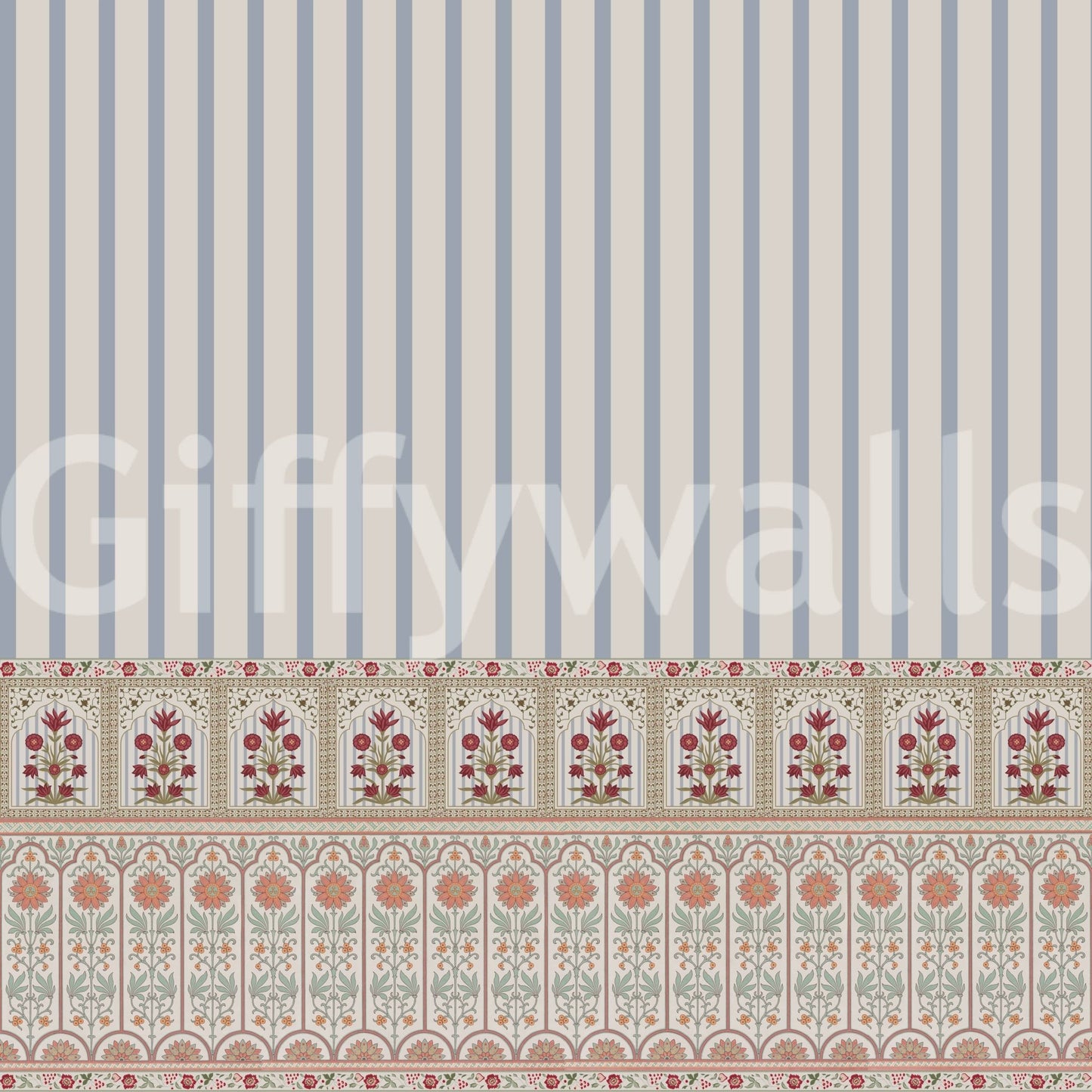 Striped wallpaper mural with graceful floral pattern detailing