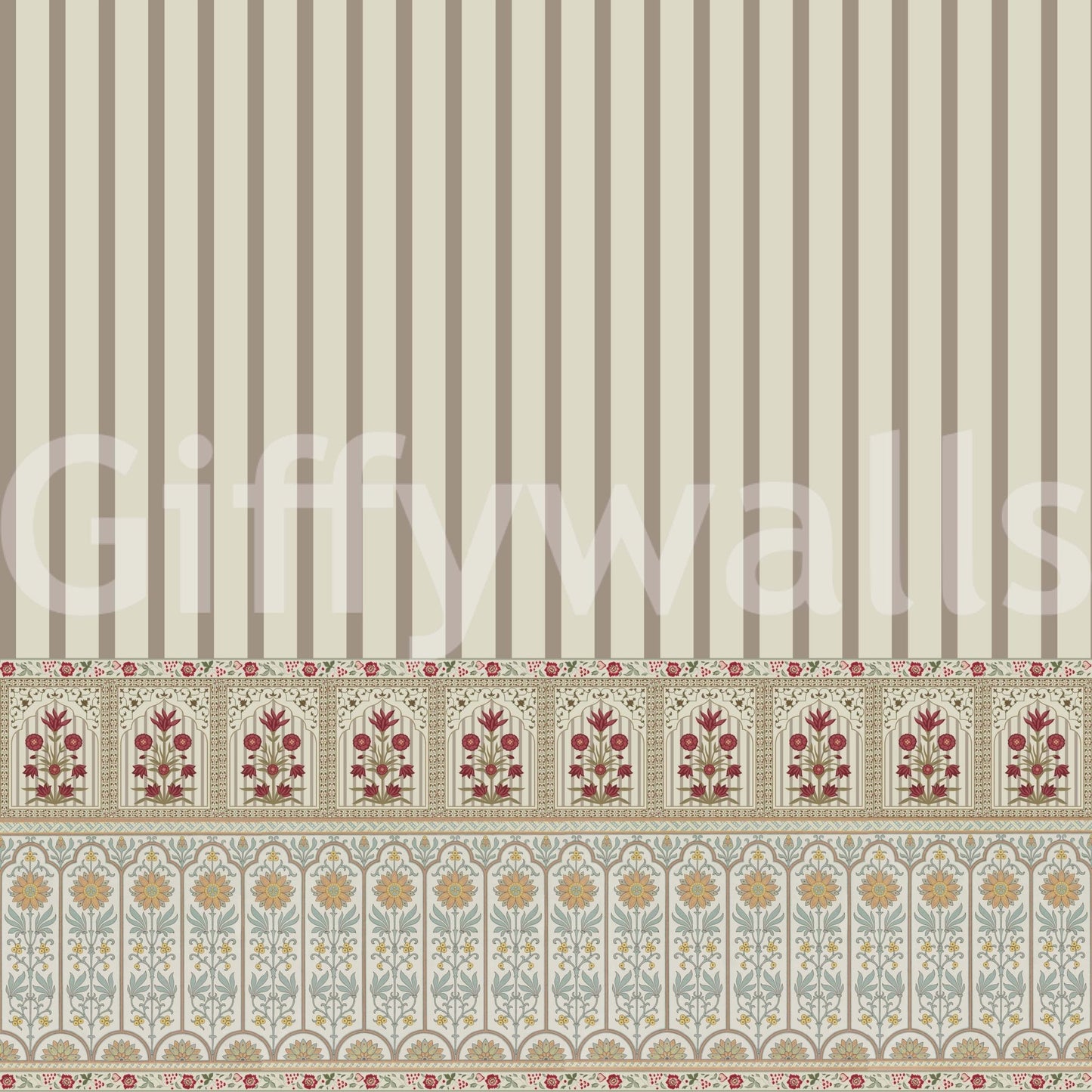 Soft flower wallpaper mural paired with timeless striped wallpaper design