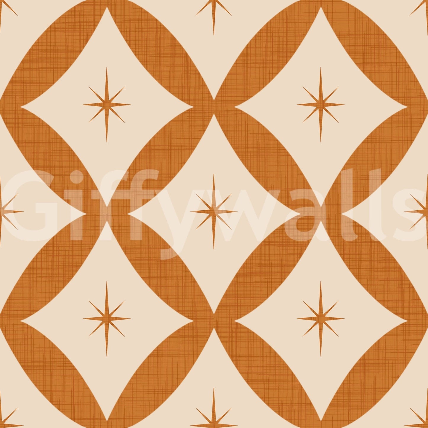 Mid-century geometric wallpaper featuring looping diamond patterns and subtle star accents.