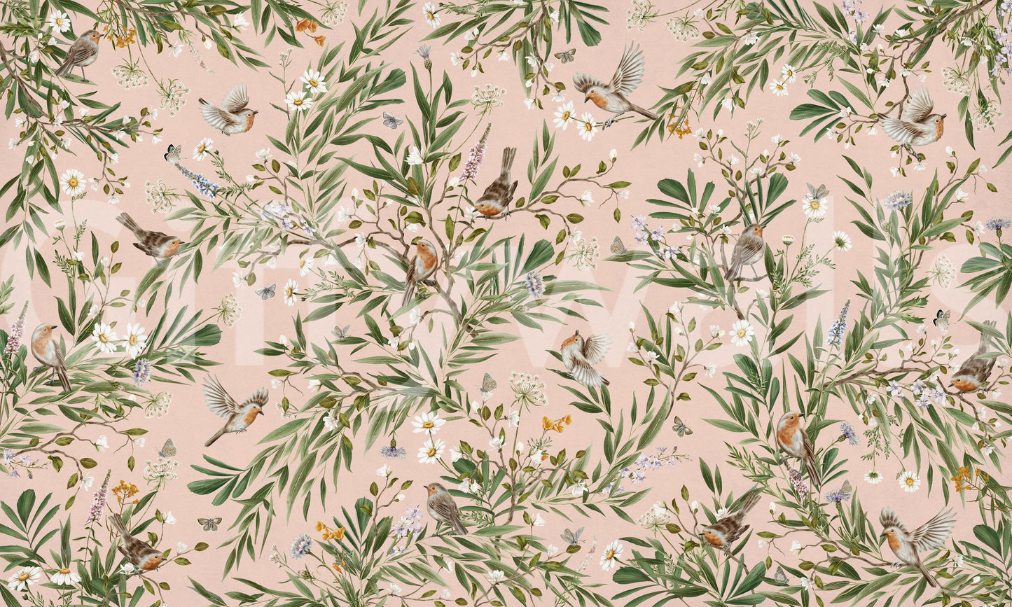 Floral mural with robin details for a powder room, adding color without busy patterns