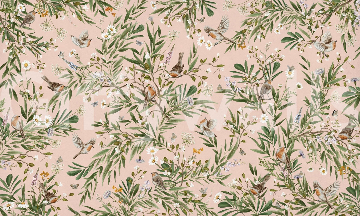 Floral mural with robin details for a powder room, adding color without busy patterns