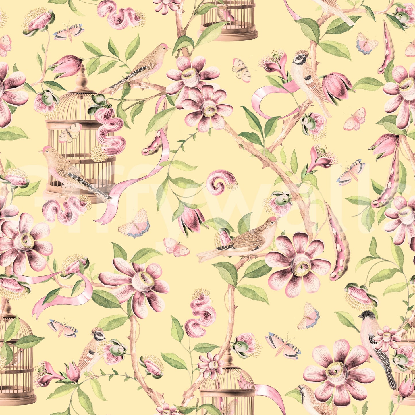 Romantic wall design featuring soft vines, birds, and blossoms.