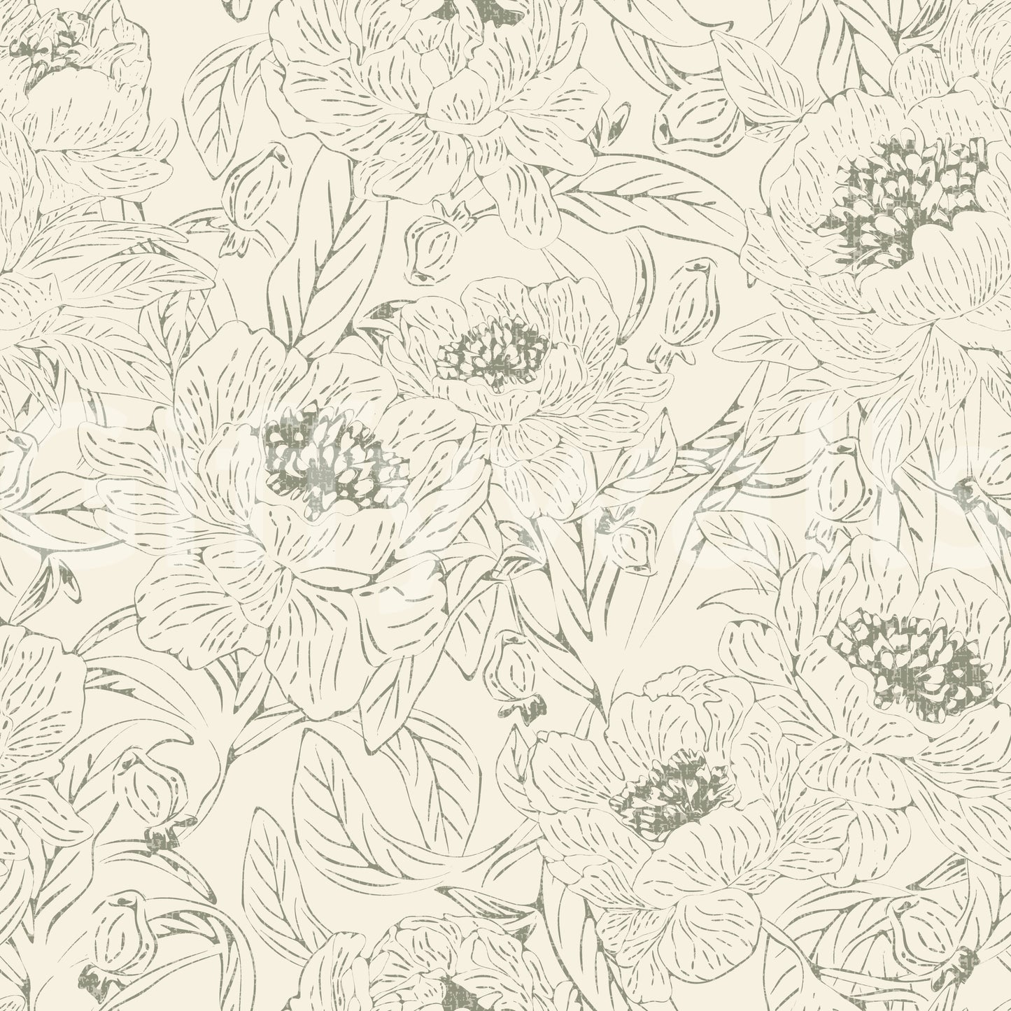Romantic Peonies Line Art Green Wallpaper